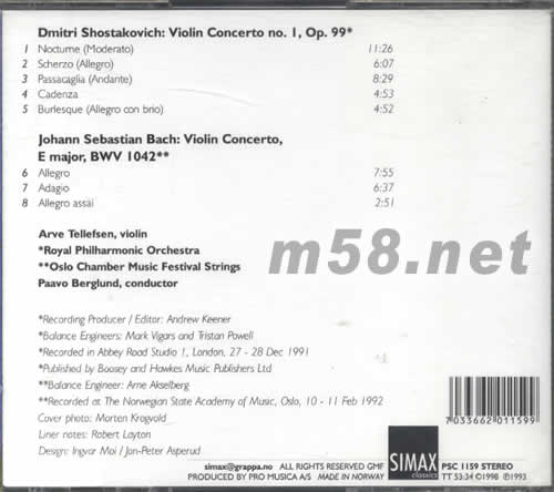 SHOSTAKOVICH BACH VIOLIN CONCERTO專輯背面圖片