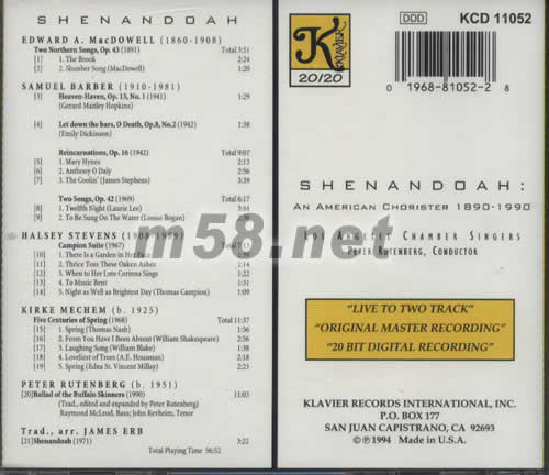 SHENANDOAH AN AMERICAN CHORISTER 1890-1990專輯背面圖片