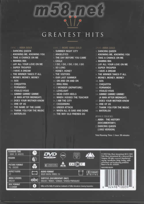 ABBA GOLD GREAT HITS 2CD+DVD專輯背面圖片