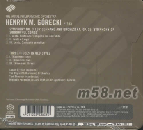 GORECKI 戈萊茨基 SACD專輯背面圖片