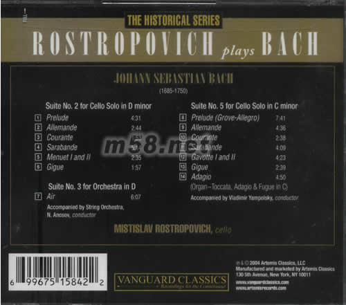 ROSTROPOVICH PLAYS BACH大提琴演奏巴赫專輯背面圖片