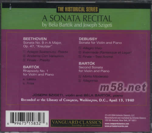 A SONATA RECITALBY約瑟夫·西蓋蒂小提琴 BELA BARTOK鋼琴專輯背面圖片