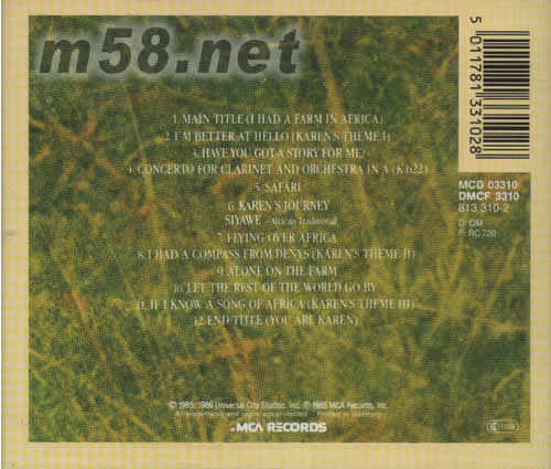 走出非洲OUT OF AFRICA電影原聲大碟專輯背面圖片