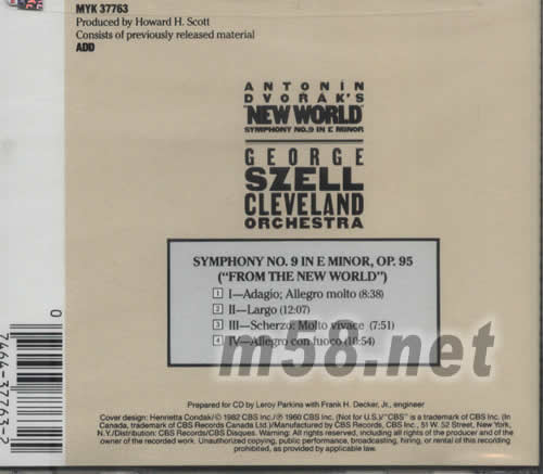 德沃夏克NEW WORLD SYMPHONY -SZELL專輯背面圖片
