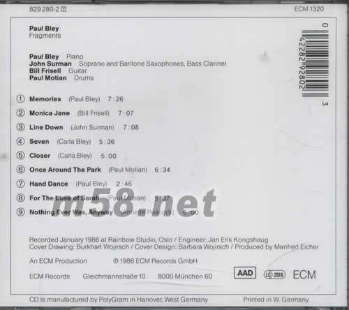 FRAGMENTS PAUL BLEY專輯背面圖片