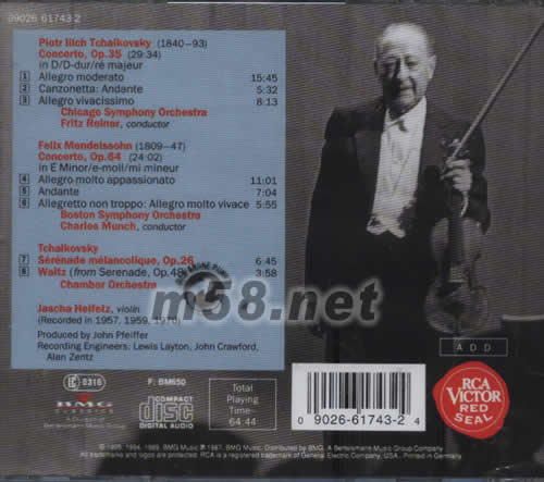 老柴&MENDELSSOHN CONERTOS柴可夫斯基& 孟德爾頌︰小提琴協(xié)奏曲 海飛茲專輯背面圖片
