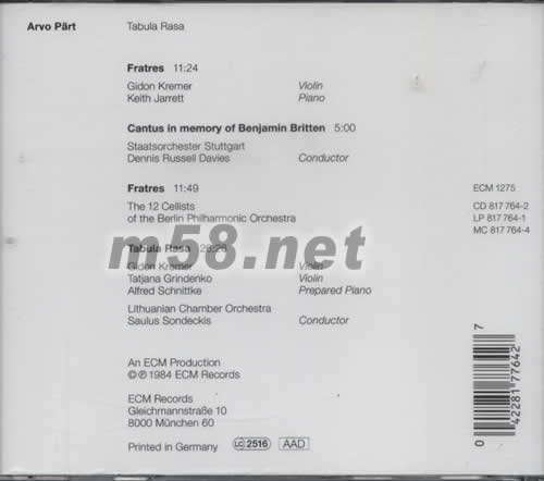 ARVO PART TABULA RASA專輯背面圖片