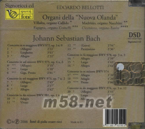 ORGANI DELLA NUOVA OLANDA巴赫管風琴協(xié)奏曲專輯背面圖片