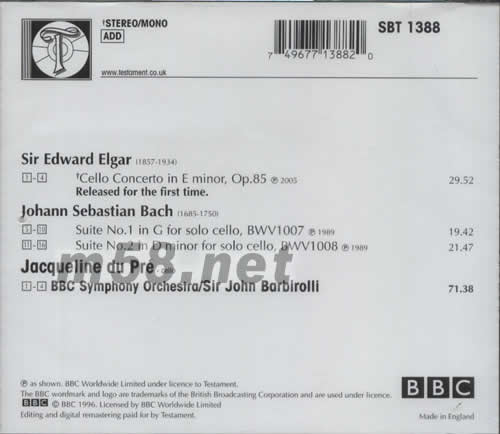 JACQUELINE DU PRE PLAYS ELGAR CELLO CONERTO ETC巴赫大提琴組曲1、2專輯背面圖片