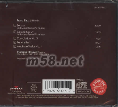 HOROWITZ PLAYS LISZT李斯特鋼琴作品精選專輯背面圖片