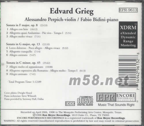 EDVAD GRIEG鋼琴與小提琴24k專輯背面圖片