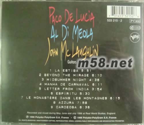 世界三大頂尖吉他天皇合作演奏錄音The Guitar Troe專輯背面圖片