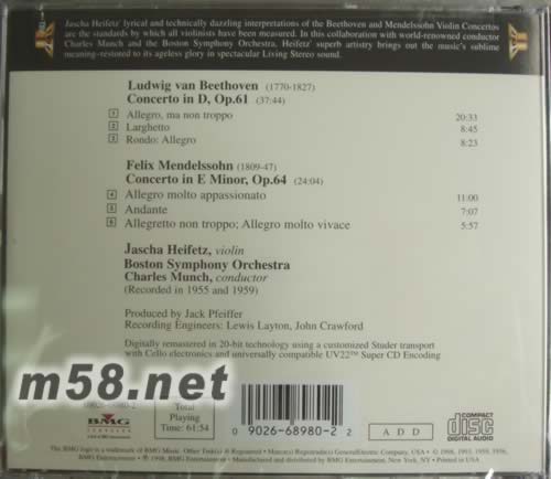 貝多芬&孟德?tīng)栱?小提琴協(xié)奏曲Violin Concertos海菲茲小提琴專(zhuān)輯背面圖片