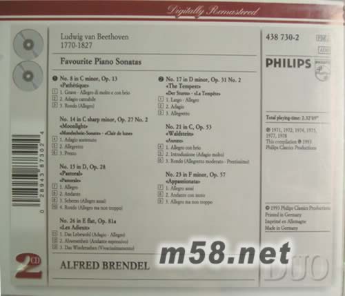 著名鋼琴奏鳴曲BEENTHOVEN FAVOURITE PIANO SONATAS 白色封面雙CD專輯背面圖片