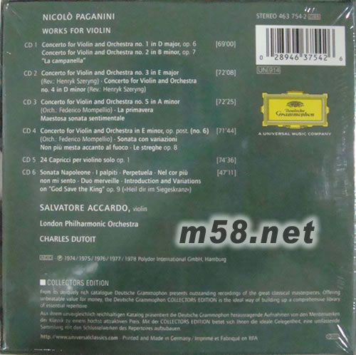 帕格尼尼小提琴作品集 ACCARDO PLAYS PAGANINI (6CD套裝)專輯背面圖片
