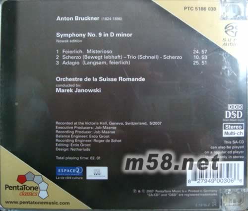 Anton Bruckner Symphony No. 9 in D minor SACD專輯背面圖片