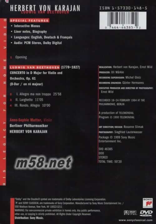 卡拉揚影音傳奇 貝多芬:小提琴協(xié)奏曲 慕特 DVD專輯背面圖片
