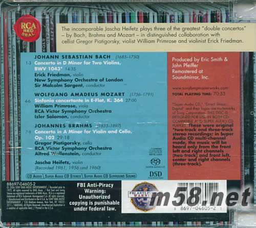 海菲茲 巴哈/ 莫札特/ 布拉姆斯: 雙重協奏曲集(SACD特惠)專輯背面圖片