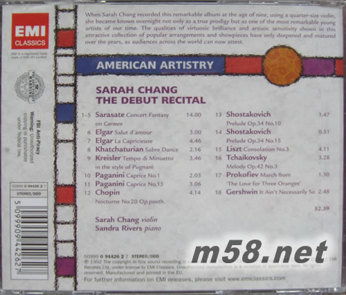 Sarah Chang: Debut張莎拉的首張小提琴個人專輯(美國名家名演系列)專輯背面圖片