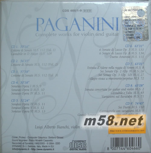 帕格尼尼小提琴及結(jié)他作品全集PAGANINI COMPLETE WORKS FOR VIOLIN AND GUITAR 9CD套裝專輯背面圖片
