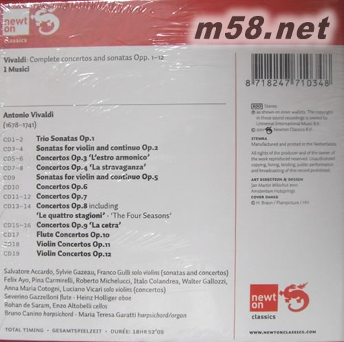 Vivaldi: Concertos & Sonatas Opp. 1-12 Complete 維瓦爾第協奏曲與奏鳴曲19CD套裝專輯背面圖片