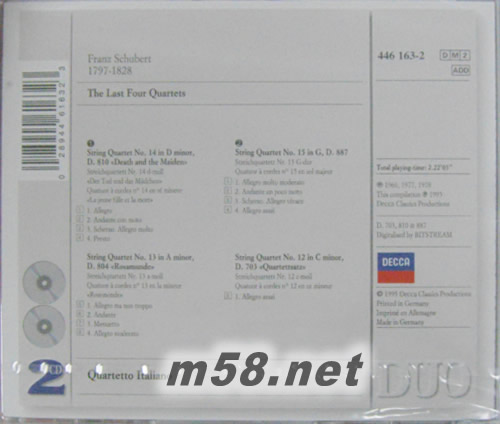 舒伯特 最后四首四重奏 Schubert The Last Four Quartets 白色封面雙CD專輯背面圖片