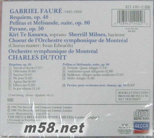 福雷 安魂曲 Pelleas et Melisande 卡娜娃 迪圖瓦專輯背面圖片