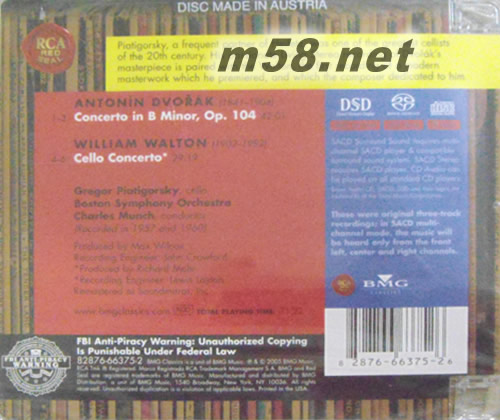 DVORAK & WALTON CELLO CONCERTOS PIATIGO RSKY /MUNCH德沃夏克:大提琴協(xié)奏曲(Living Stereo SACD特惠)專(zhuān)輯背面圖片