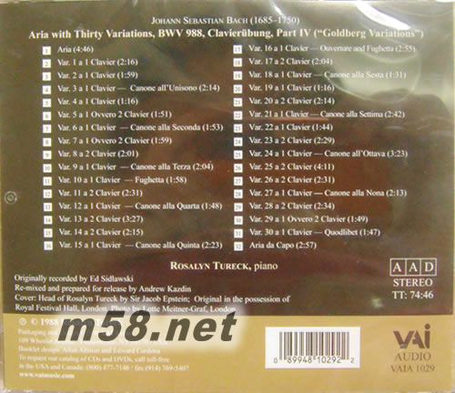 J.S.BACH GOLDBERG VARIATIONS 巴赫 哥德堡變奏曲專輯背面圖片