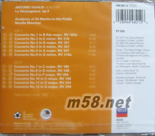 馬里納爵士 Sir Neville Marriner 韋瓦第:小提琴協奏曲奇異 Vivaldi:La Stravaganza專輯背面圖片