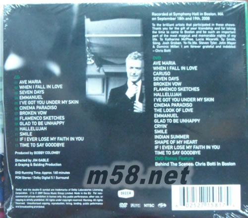Chris Botti - In Boston LIVE CD+兩小時足本DVD(歐版)專輯背面圖片