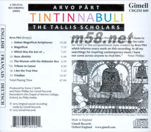 Tintinnabuli ARVO PART THE TALLIS SCHOLARS專輯背面圖片