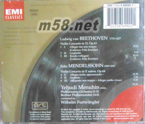 Wilhelm Furtwangler & Yehudi Menuhin - Beethoven & Mendelssohn: Violin Concertos專輯背面圖片