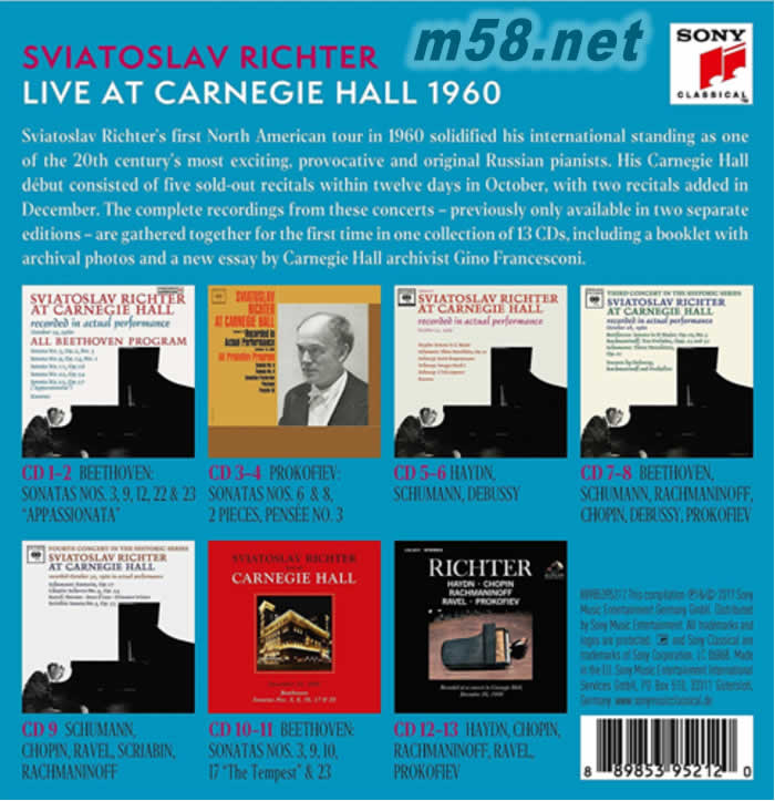李希特Sviatoslav Richter LIVE AT CARNEGIE HALL 1960 二十世紀偉大鋼琴巨匠李希特 13CD套裝專輯背面圖片