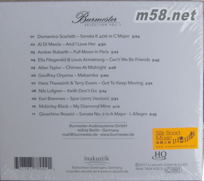 柏林之聲 德國原音精選示范盤, 第1輯Burmester Selection, Vol. 1 限量版 HQCD專輯背面圖片