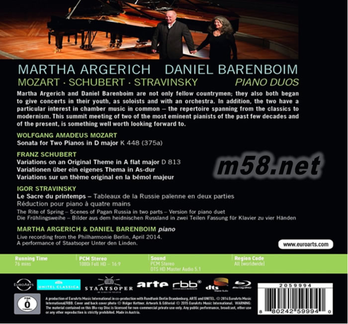 MOZART SCHUBERT STRAVINSKY PIANO DUOS 莫札特, 舒伯特, 史特拉汶斯基 - 鋼琴二重奏 BD專輯背面圖片