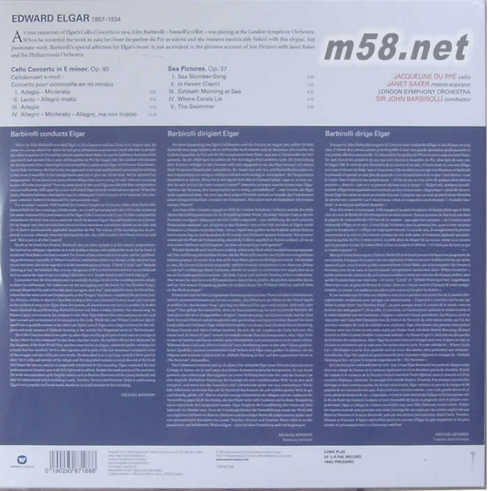 ELGAR – CELLO CONCERTO & SEA PICTURES 艾爾加 大提琴協奏曲 海景杜普蕾 珍奈貝克, 巴畢羅里 180GRAM 黑膠唱片 (2017 CD圣經)專輯背面圖片