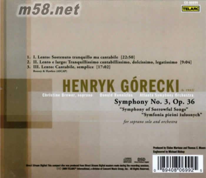 Donald Runnicles - Gorecki: Symphony No.3 唐納德 魯尼克斯 - 戈萊斯基:No.3交響曲專輯背面圖片