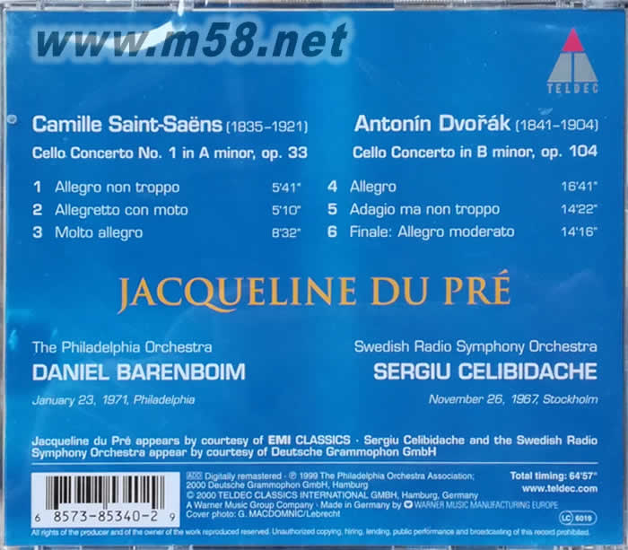 德沃夏克 圣桑 DVORAK SAINT SAENS 大提琴協奏曲(杜普蕾藍色封面)專輯背面圖片