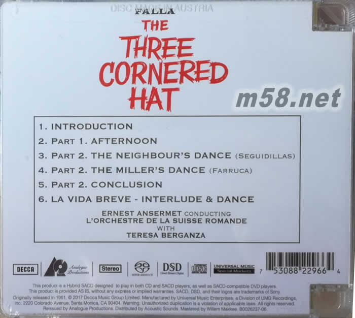 安塞美 法雅 三角帽 THE THREE CORNERED HAT 立體聲名盤 SACD專輯背面圖片