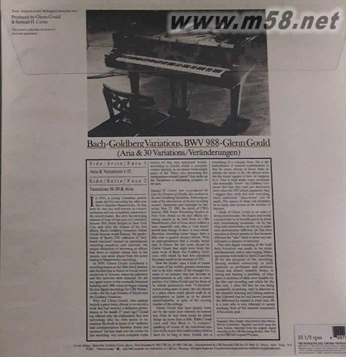 BACH GOLDBERG VARIATIONS 巴赫 戈德堡變奏曲 黑膠專輯背面圖片