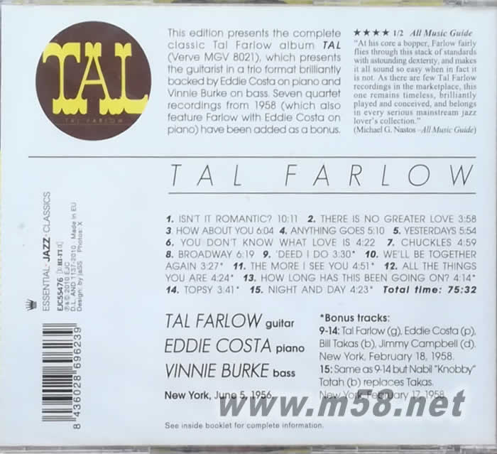 TAL FARLOW TAL 爵士樂電吉他手(爵士大師五星系列)專輯背面圖片