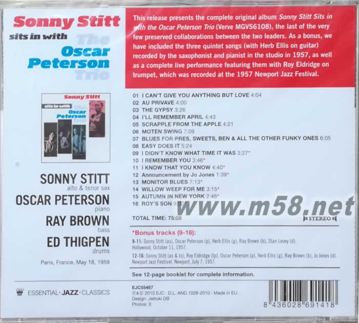 SONNY STITT Sits In With The Oscar Peterson Trio((爵士大師五星系列)專輯背面圖片