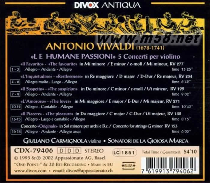 維瓦第小提琴協奏曲Le Humane Passioni - 5 Violin Concertos(A. Vivaldi)專輯背面圖片