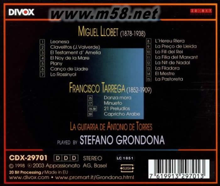浪漫古典吉他-致命的溫柔 La Guitarra de Torres: Stefano Grondona plays Llobet & Tarrega專輯背面圖片