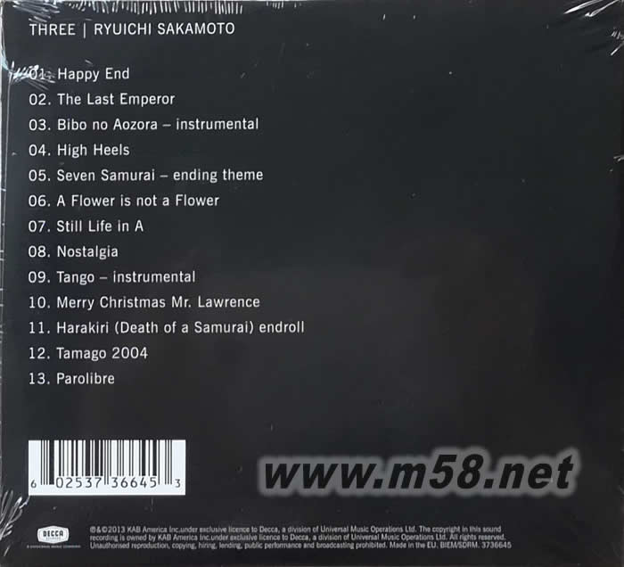 Three(鋼琴、小提琴與大提琴) 坂本2013 倫敦音樂節實況演出專輯背面圖片