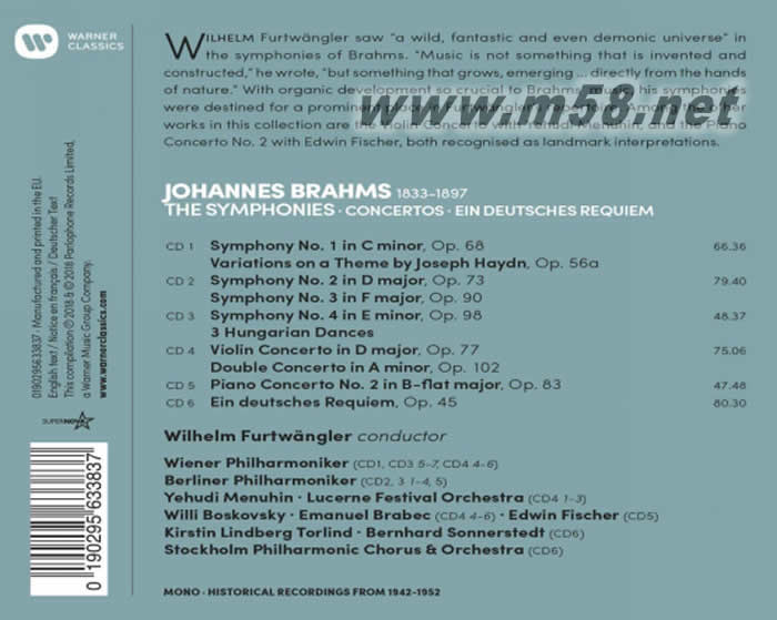 Brahms : The Symphonies, Ein deutsches Requiem, Concertos世紀典藏超值盒 - 布拉姆斯:交響曲全集、協奏曲、德意志安魂曲 6CD套裝專輯背面圖片