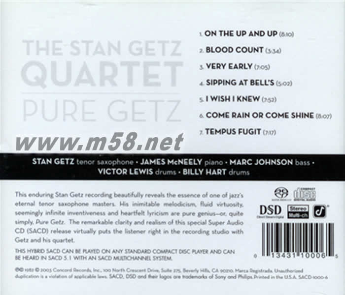 原音蓋茨 混合層多聲道SACD Stan Getz - Pure Getz Hybrid Multichannel SACD專輯背面圖片