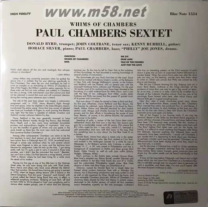 爵士大師 大貝斯 限量版 Paul Chambers, Whims of Chambers 180g 45RPM LP 黑膠專輯背面圖片