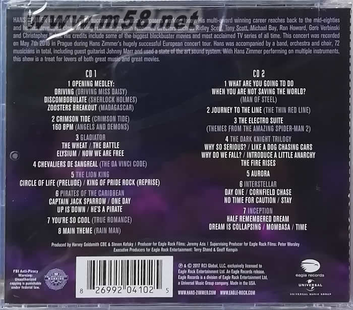 Hans Zimmer Live in Prague CD美版專輯背面圖片